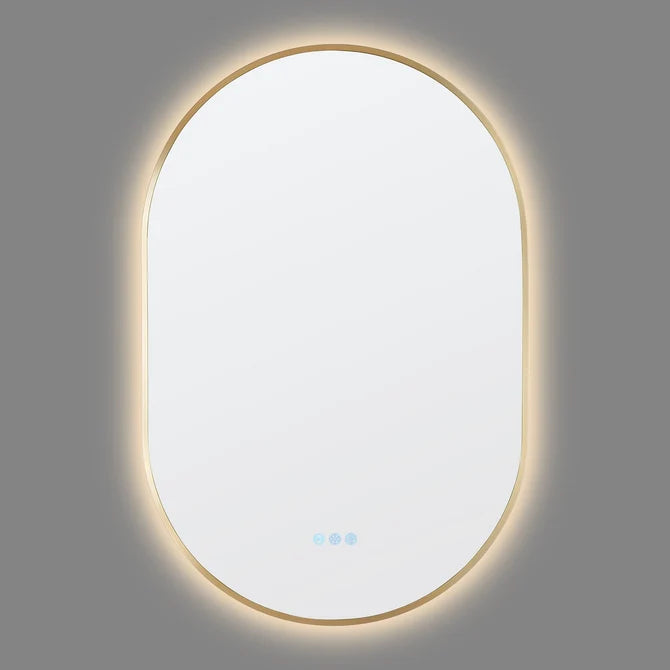 OVAL BACKLIT LED MIRROR 600X900MM WITH MOTION SENSOR | BRUSHED BRASS FRAME | DEFOGGER | 3 COLOURS LIGHTS