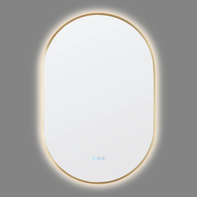 OVAL BACKLIT LED MIRROR 600X900MM WITH MOTION SENSOR | BRUSHED BRASS FRAME | DEFOGGER | 3 COLOURS LIGHTS