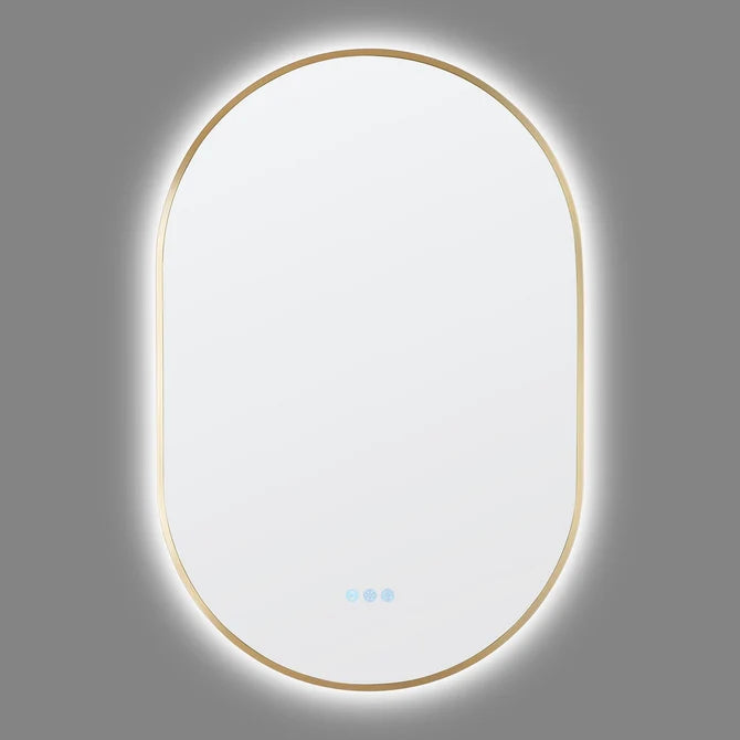 OVAL BACKLIT LED MIRROR 600X900MM WITH MOTION SENSOR | BRUSHED BRASS FRAME | DEFOGGER | 3 COLOURS LIGHTS