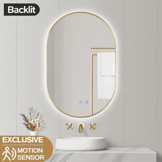 OVAL BACKLIT LED MIRROR 600X900MM WITH MOTION SENSOR | BRUSHED BRASS FRAME | DEFOGGER | 3 COLOURS LIGHTS