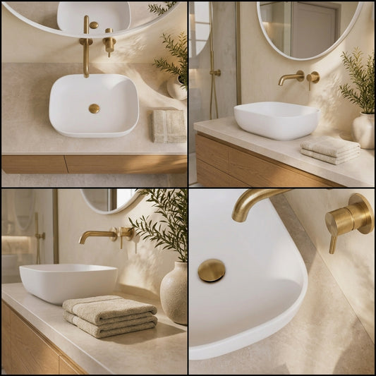 AURA RECTANGULAR MATT WHITE CERAMIC BASIN - SOFT CURVED EDGES 505X405X140MM | MODERN VESSEL SINK