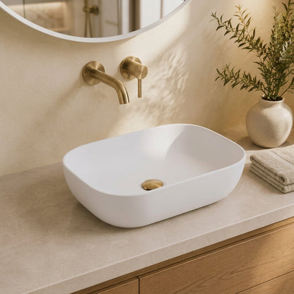 AURA RECTANGULAR MATT WHITE CERAMIC BASIN - SOFT CURVED EDGES 505X405X140MM | MODERN VESSEL SINK