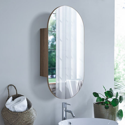 OVAL MIRROR CABINET - WALL MOUNTED | NATURAL OAK FINISH | 450X900MM PLYWOOD BATHROOM STORAGE - The Tile Collection™