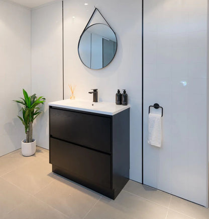 600MM POLO DARK OAK PLYWOOD FLOORSTANDING VANITY WITH CERAMIC TOP