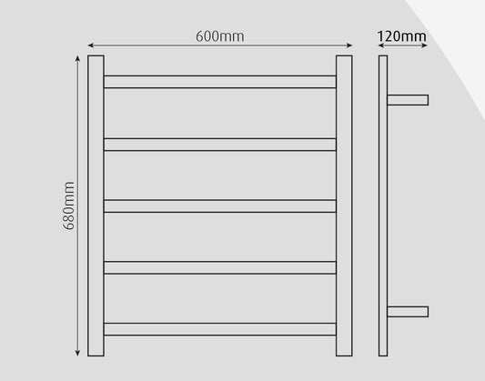 TRANQUILLITY PLATINO 5 BAR RECTANGULAR HEATED TOWEL WARMER 600(W)X680(H)X120(D) - POLISHESD STAINLESS
