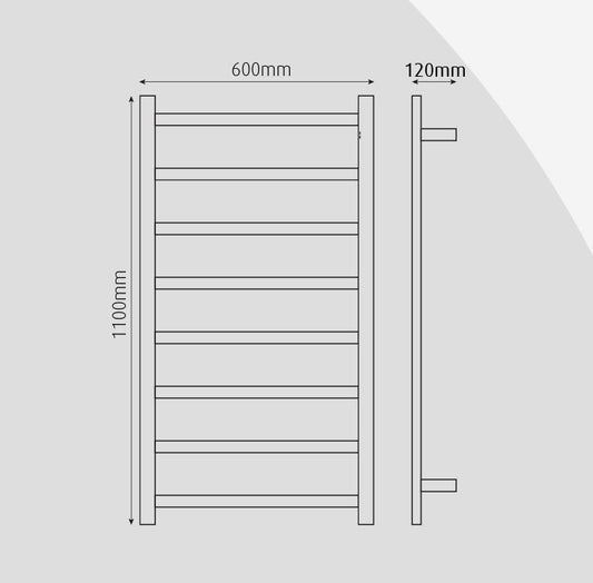 TRANQUILLITY PLATINO 8 BAR RECTANGULAR HEATED TOWEL WARMER 600(W)X1100(H)X120(D) - POLISHESD STAINLESS