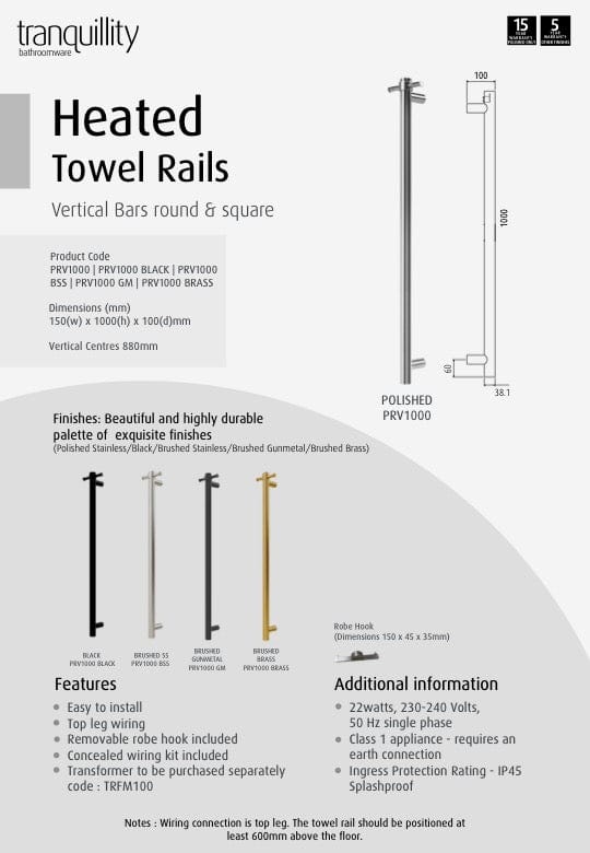 TRANQUILLITY ROUND VERTICAL HEATED TOWEL BAR 1000MM | BRUSHED GUNMETAL - The Tile Collection™