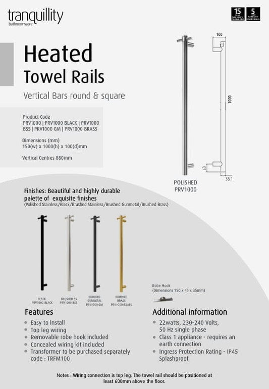 TRANQUILLITY ROUND VERTICAL HEATED TOWEL BAR 1000MM | POLISHED STAINLESS - The Tile Collection™