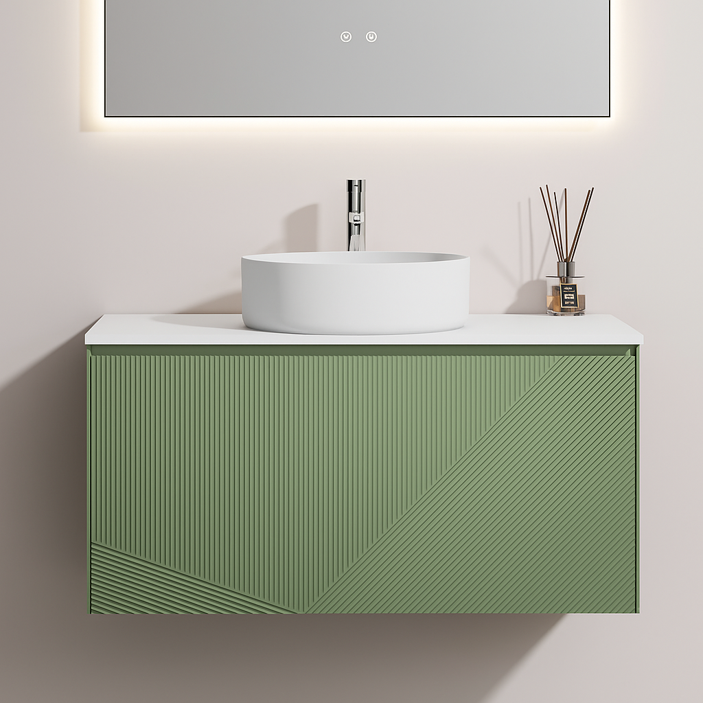 900MM SAGE GREEN WALL HUNG VANITY – PARALLEL AVO - MODERN FLOATING BATHROOM VANITY NZ - The Tile Collection™