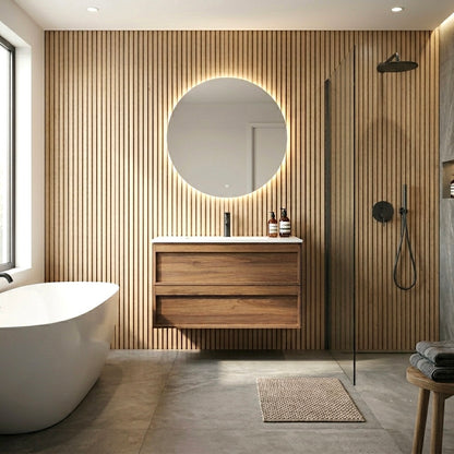 2 Drawers Wall Hung Vanity with Ceramic Basin, Shaker style Drawer Front, Walnut Plywood Floating Vanity NZ