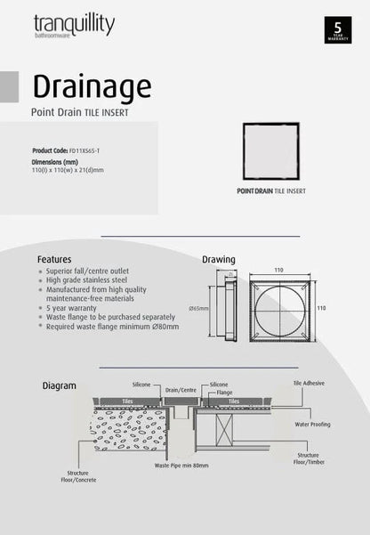 TRANQUILLITY POINT DRAIN TILE INSERT - BRUSHED STAINLESS