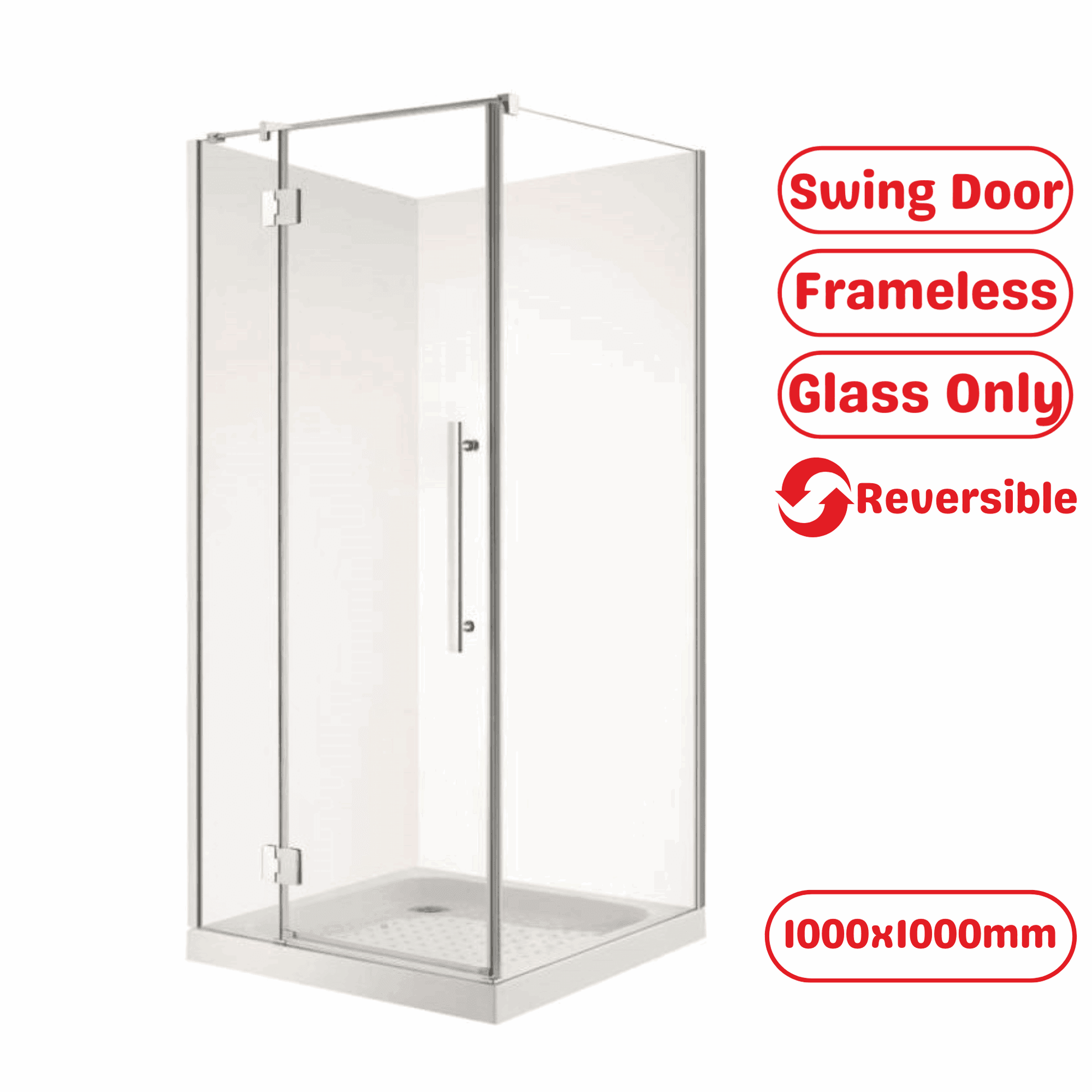 1000X1000MM FRAMELESS SHOWER GLASS WITH SWING DOOR- CHROME - The Tile Collection™