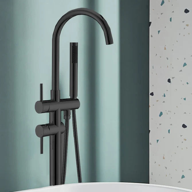 ROUND FREESTANDING BATH FILLER WITH HANDHELD SHOWER - CHROME, MATT BLACK