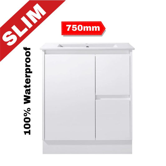 750MM SLIM PVC VANITY 100% WATERPROOF GLOSS WHITE FLOOR STANDING