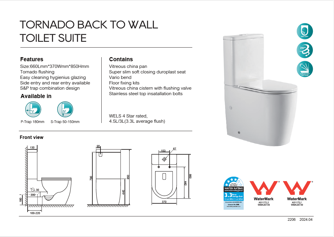 OCEANO OVERHEIGHT ZERO RIM TORNADO TOILET SUITE 660x370x850MM