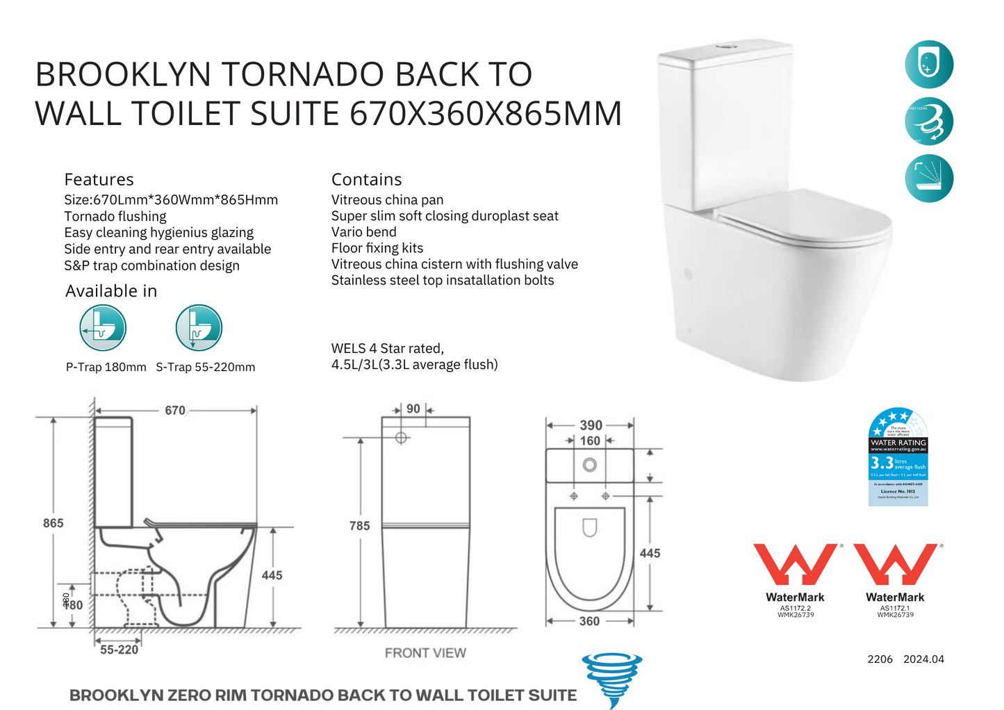 BROOKLYN OVERHEIGHT ZERO RIM TORNADO BTW TOILET SUITE 670X360X865