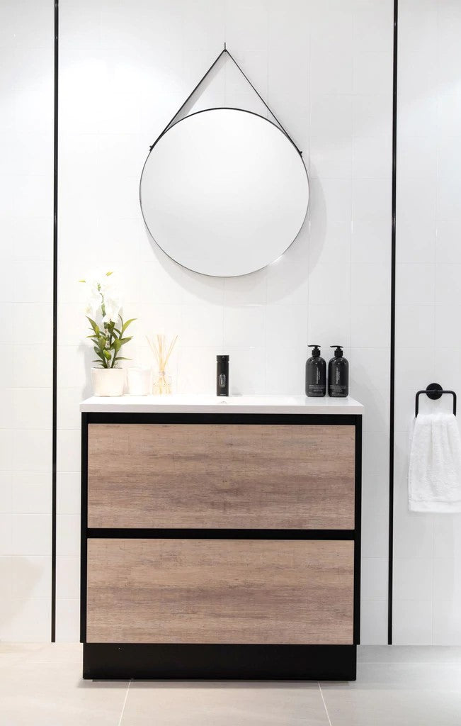 900MM POLO BLACK AND LIGHT OAK FREESTANDING VANITY WITH CERAMIC TOP - The Tile Collection™