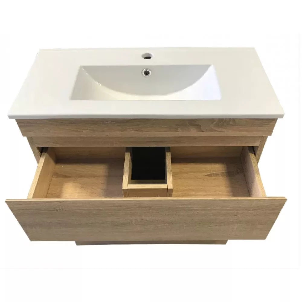 VALENTINA SLIM FLOOR STANDING VANITY | LIGHT OAK | 600MM | PLYWOOD WITH CERAMIC TOP - The Tile Collection™