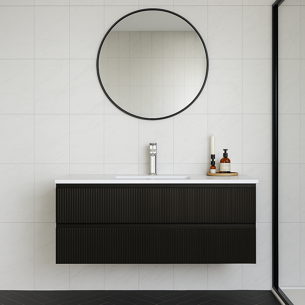 VERTO MOSCO 1200MM SINGLE PLYWOOD WALL HUNG VANITY - MATT BLACK, FLUTED FRONT