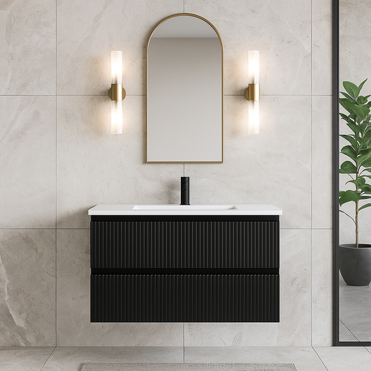 VERTO MOSCO 900MM PLYWOOD WALL HUNG VANITY - MATT BLACK, FLUTED FRONT