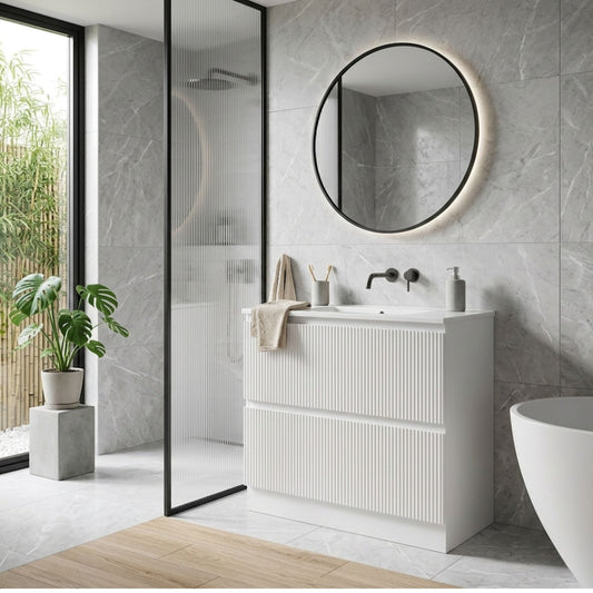 VERTO MOSCO 900MM PLYWOOD FLOOR STANDING VANITY - MATT WHITE, FLUTED FRONT