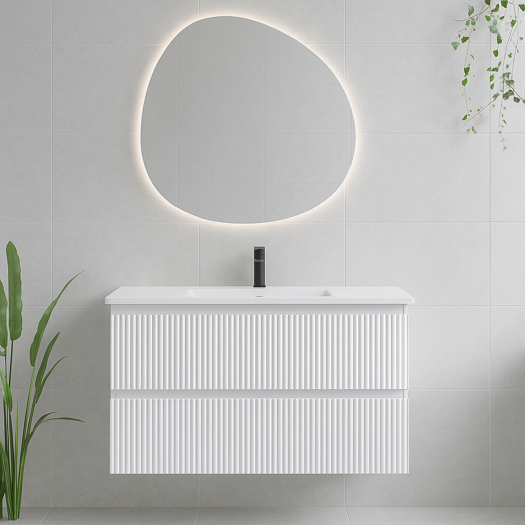 VERTO MOSCO 900MM PLYWOOD WALL HUNG VANITY - MATT WHITE, FLUTED FRONT