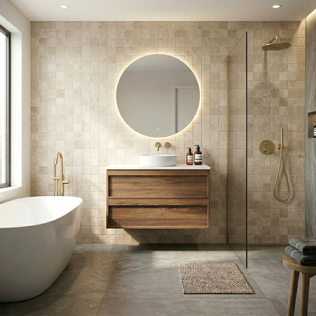 Plywood Wall Hung Vanity with White Flat Top and Matte White Round Ceramic Countertop Basin, Walnut Colour Vanity with Brushed Brass Tapware.