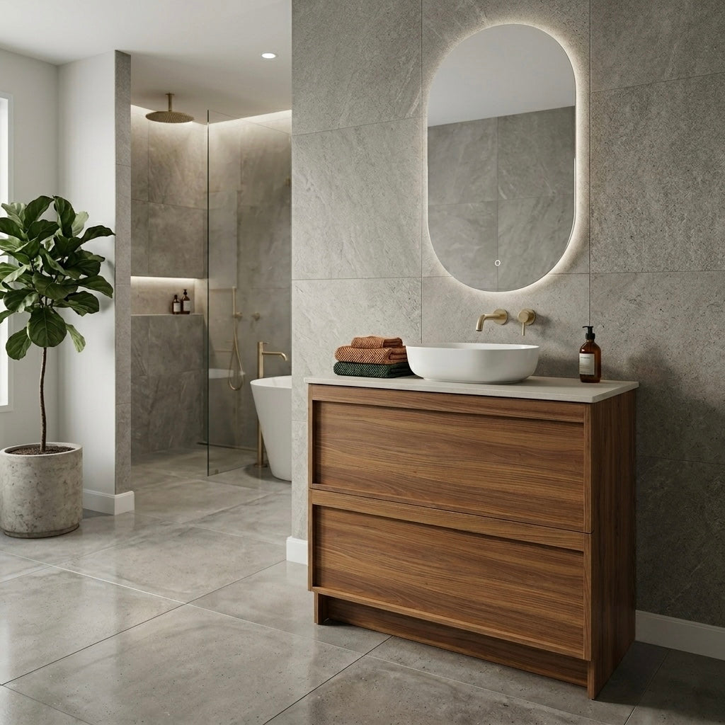 Modern wooden Bathroom vanity with white ceramic basin and stone benchtop, Brushed Brass fixtures and hardware.