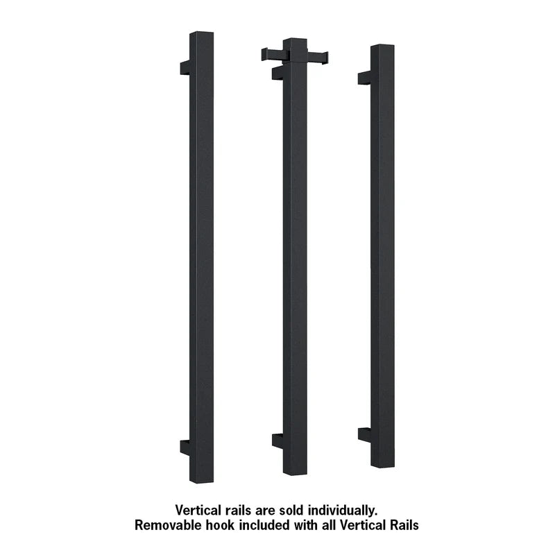 Three black vertical rails with a removable hook on a white background