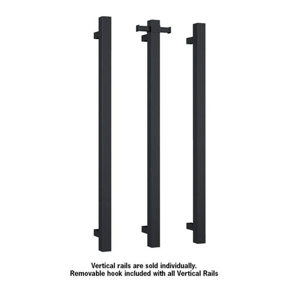Three black vertical rails with a removable hook on a white background