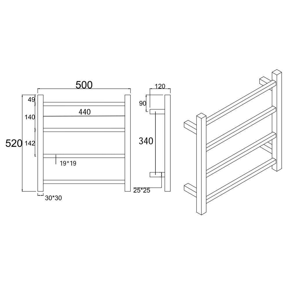 4 BAR SQUARE HEATED TOWEL RAIL ZNY 520H*500W*120D- MATTE BLACK