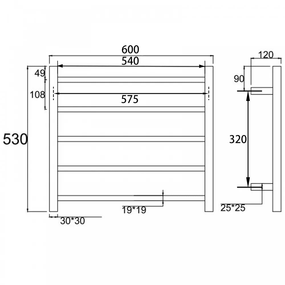 5 BAR SQUARE HEATED TOWEL RAIL 530H*600W*120D ZNY- MATTE BLACK