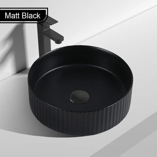 360MM ROUND FLUTED CERAMIC BASIN - MATT BLACK (ABOVE-COUNTER )