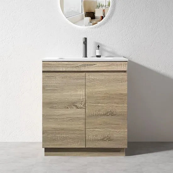 600MM MADRID LIGHT OAK PLYWOOD FLOORSTANDING VANITY WITH CERAMIC TOP