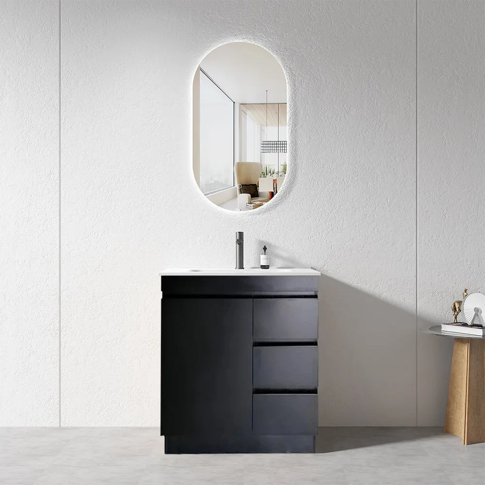 900MM MADRID DARK OAK PLYWOOD FLOORSTANDING VANITY WITH CERAMIC TOP