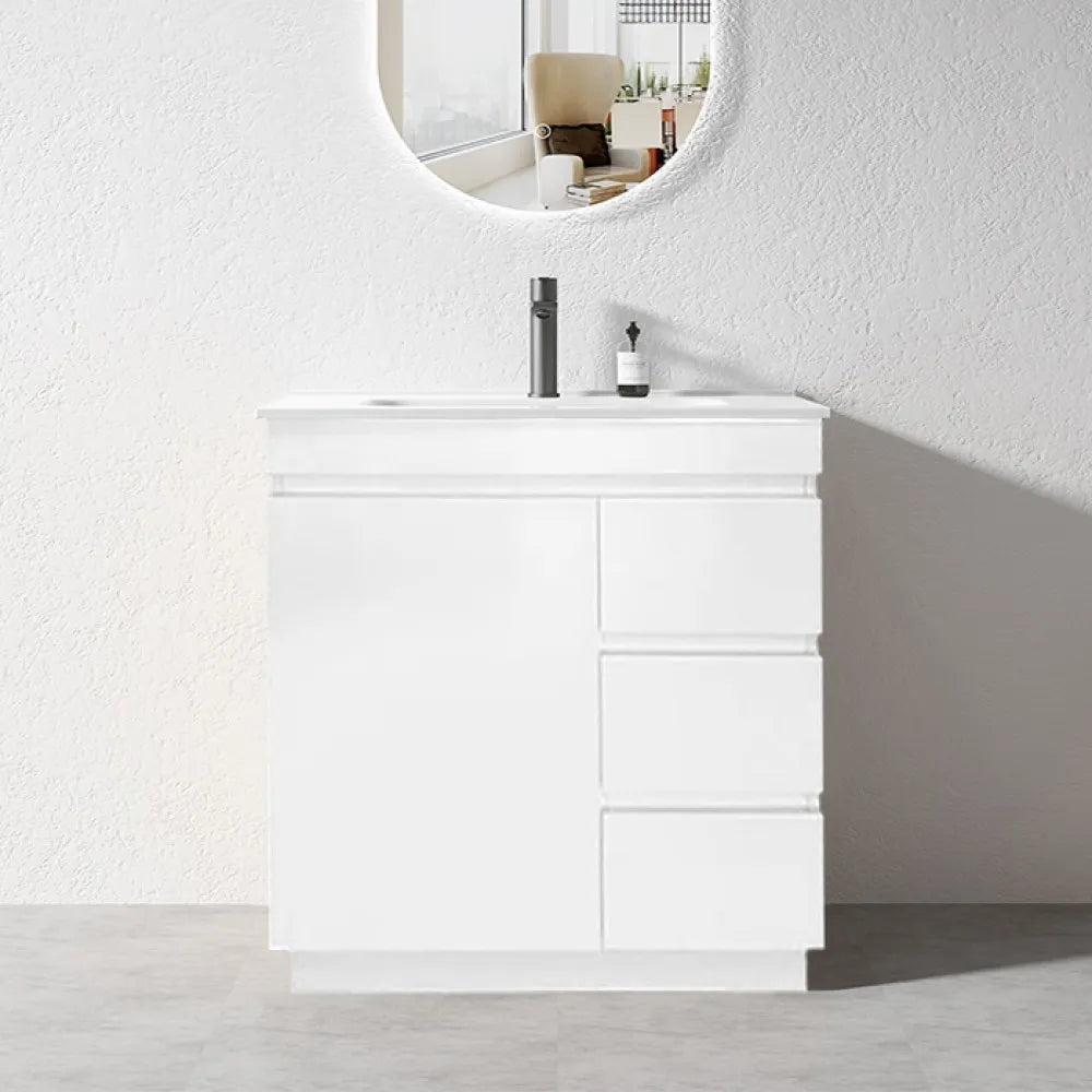 900MM MADRID WHITE GLOSS PLYWOOD FLOORSTANDING VANITY WITH CERAMIC TOP - The Tile Collection™