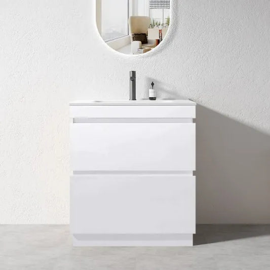 VALENTINA SLIM FLOOR STANDING VANITY | WHITE GLOSS | 900MM | PLYWOOD WITH CERAMIC TOP