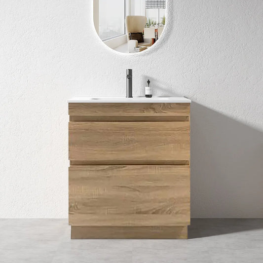 VALENTINA SLIM FLOOR STANDING VANITY | LIGHT OAK | 750MM | PLYWOOD WITH CERAMIC TOP