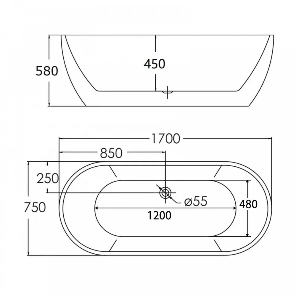 Technical drawing of 1700mm Oval Freestanding bathtub with dimensions