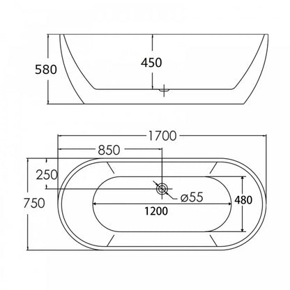 Technical drawing of 1700mm Oval Freestanding bathtub with dimensions