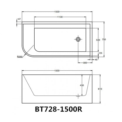 1500MM RIGHT CORNER BACK TO WALL FREESTANDING BATH