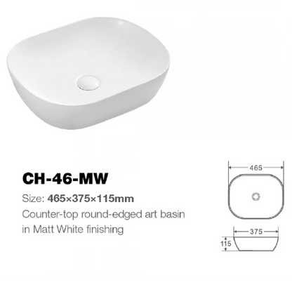 MATT WHITE CERAMIC BASIN - SOFT SQUARE 467X375MM | MODERN COUNTERTOP SINK
