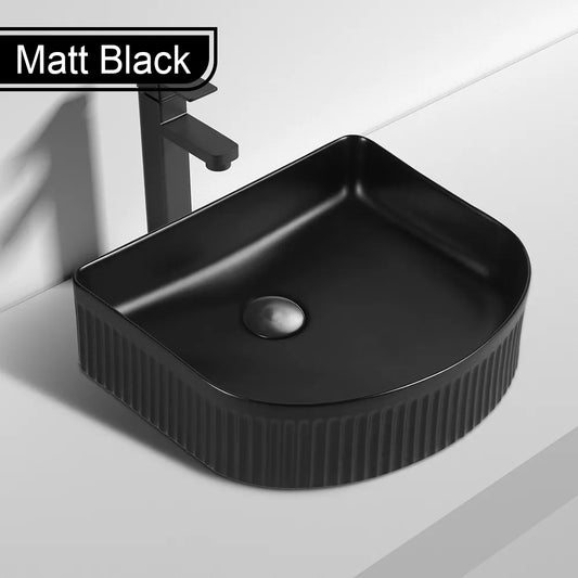410X360MM FLUTED CERAMIC BASIN - MATT BLACK | ARCH-SHAPED COUNTERTOP SINK