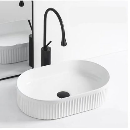 FLUTED OVAL CERAMIC BASIN - 580X360MM - GLOSS WHITE
