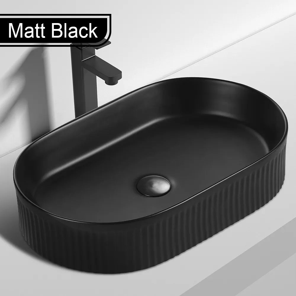 Matt Black Oval Ceramic Basin - Fluted Design 580x365x115mm