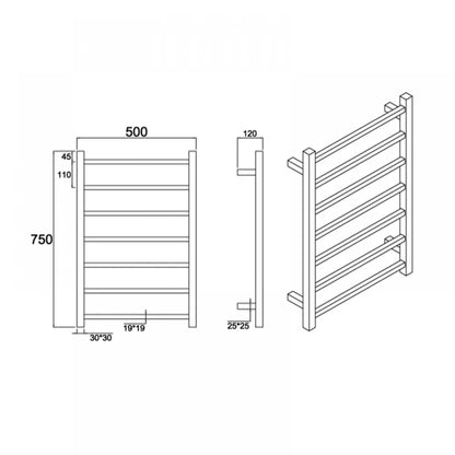 7 BAR SQUARE HEATED TOWEL RAIL DN 750H*500W*120D- BRUSHED GUNMETAL