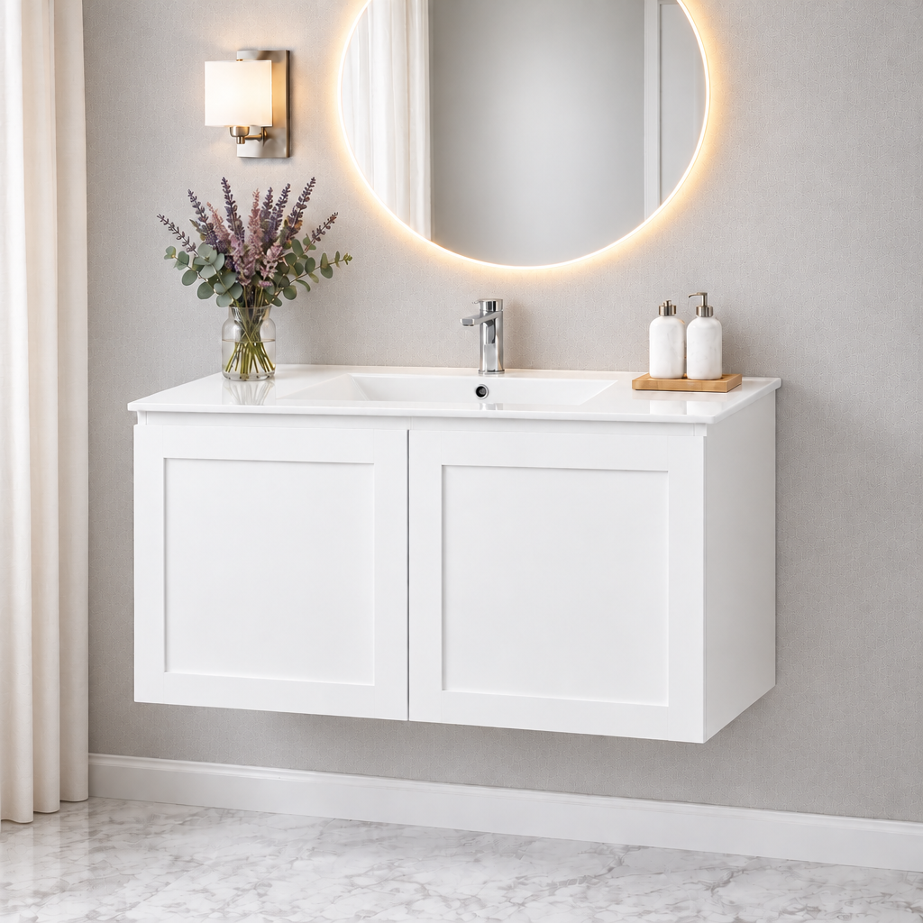 HAMILTON MATTE WHITE WALL HUNG VANITY | 900MM | SHAKER STYLE | PLYWOOD