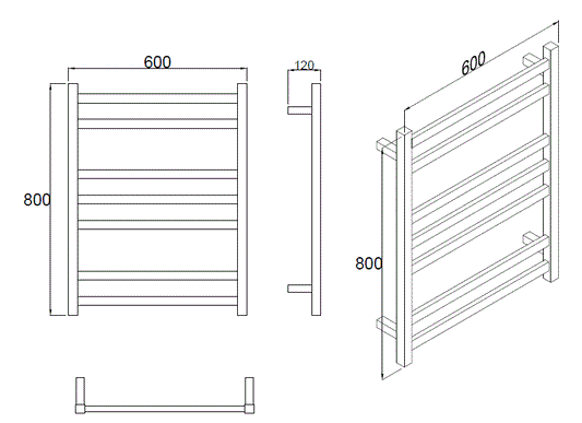 7 BAR SQUARE HEATED TOWEL RAIL 600MM WIDE HTR 800H*600W- CHROME