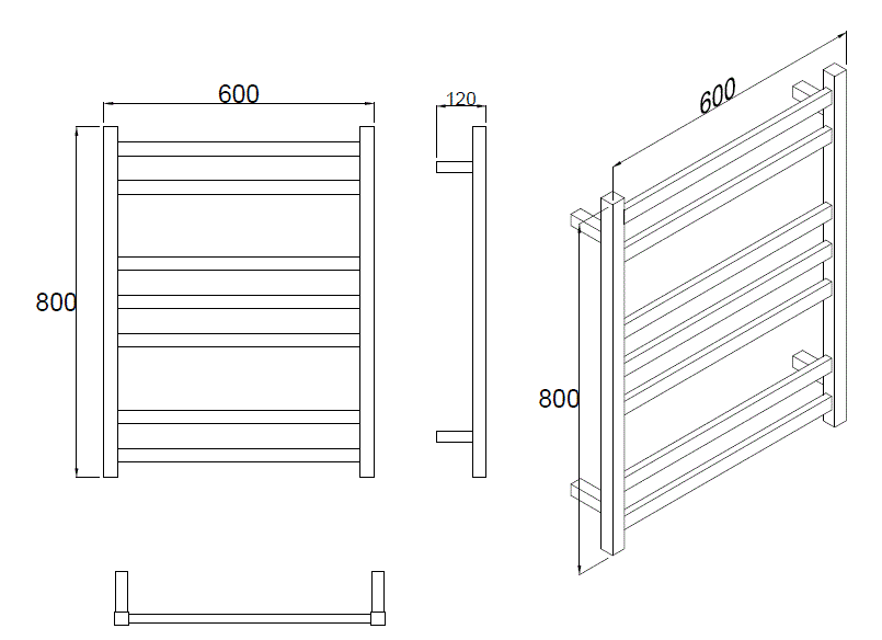 7 FLAT BAR SQUARE HEATED TOWEL RAIL HTR 800H*600W*120D- BRUSHED GOLD