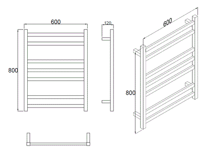 7 FLAT BAR SQUARE HEATED TOWEL RAIL HTR 800H*600W*120D- BRUSHED GOLD
